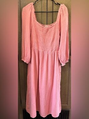 beachlunchlounge Ballon-Sleeve Smocked Waist Cotton Midi Dress Size Large